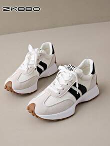 ZKBBO 女士休闲平底运动鞋，轻便舒适简约系带运动鞋，防滑耐用健身步行鞋 - 米色 - 查看 7