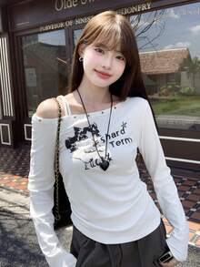 女士休闲露肩字母印花毛衣，甜美可爱长袖上衣，秋冬