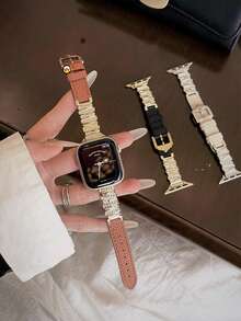 创意不对称水钻手链式皮表带，适用于38/40/41/42/44/45/46/49毫米表盘尺寸，兼容 Ultra/SE10/9/8/7/6/5/4/3/2/1系列表带