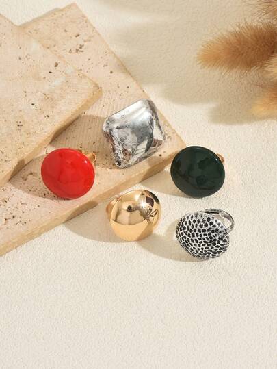 5pcs/Set Geometric Circle & Square Rings Set, European & American Style Personalized Rings For Women, Daily Matching, Can Be Worn Separately Or Stacked, Party Jewelry Gift, Essential Accessory