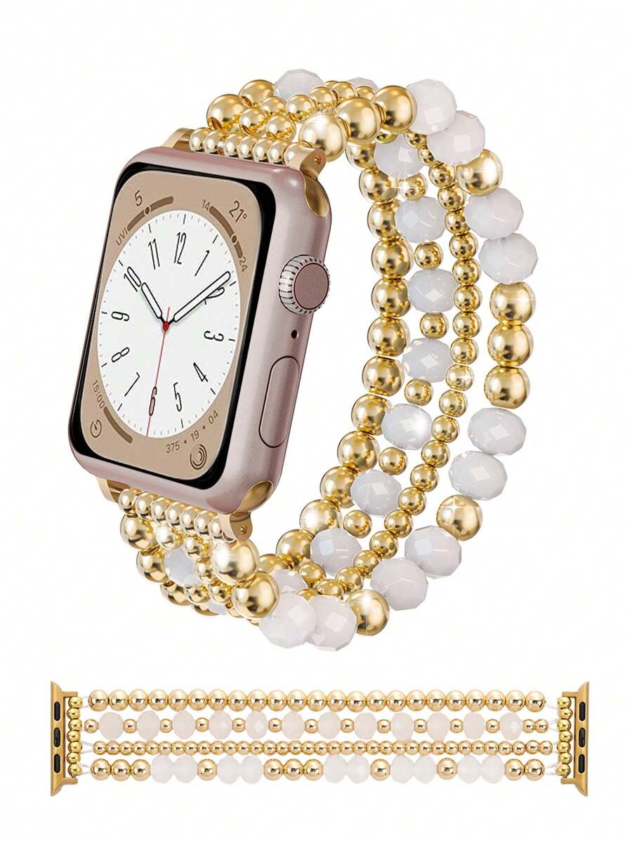串珠手链，兼容 表带 41 毫米 40 毫米 38 毫米 42 毫米 44 毫米 45 毫米 49 毫米，金色串珠，可爱手工弹力表带，适用于 SE 9 8 7 6 5 4 3 2 1 系列，情侣礼物，金手链套装 - 金色/白色 - 查看 1