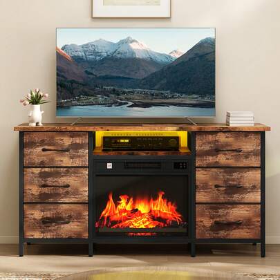 Elektrokamin mit Kommode, Realistischer 3D Flammeneffekt, Multifunktionaler Schubladenschrank mit 6 Stoffschubladen, Erwärmungs Elektrischer Kamin mit Timer, LED und Fernbedienung -von GeoTower