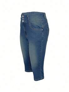 Jeans de talle medio con estiramiento, cierre de botones, lavado clásico, pantalones 7/8 de ajuste ceñido - Azul Marino - Ver 5