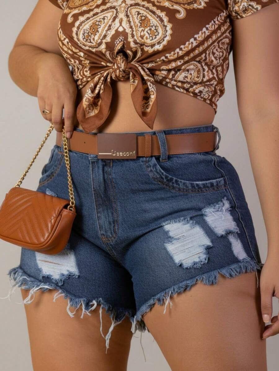 Plus Size Ripped Frayed Hem Jean Shorts - Rust Brown - View 1