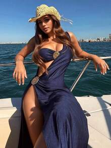 Sensual Beach Cover-Up Greek Mesh Fabric Asymmetrical Beach Travel Summer Variable Brooch - 藏蓝色 - 查看 1