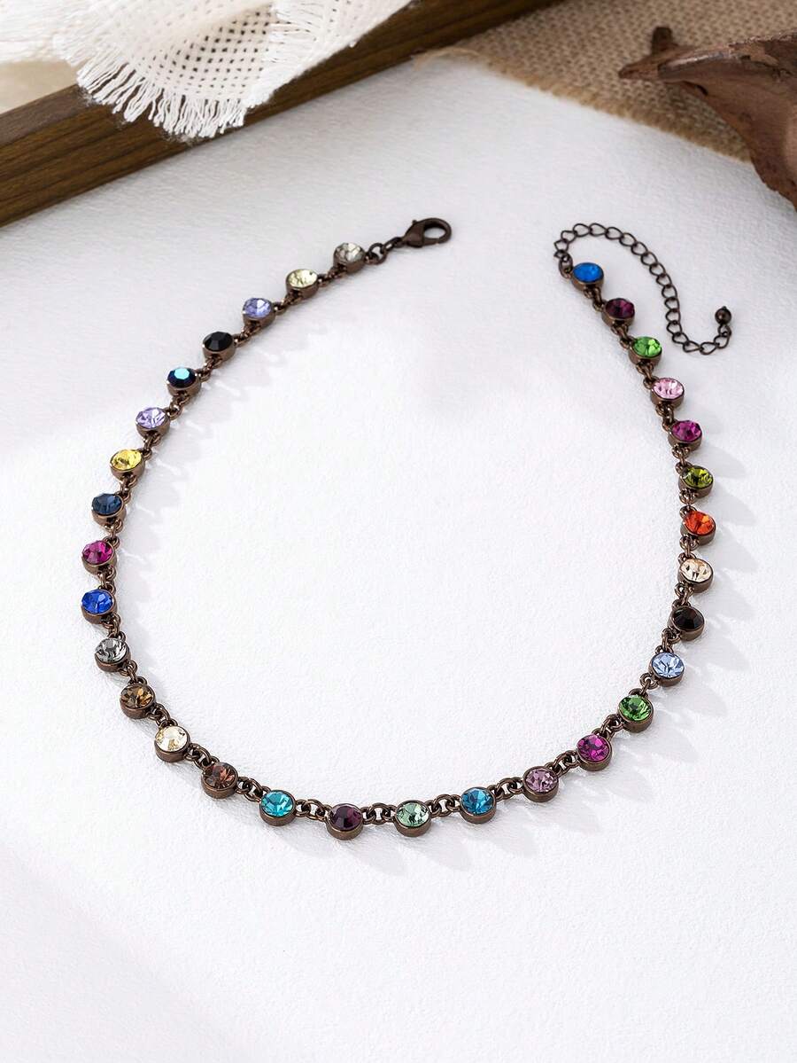 Fashionable Colorful Crystal Embellished Chain Necklace, Elegant & Suitable For Women's Daily Wear - Chocolate Gold - View 1
