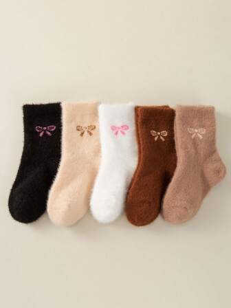 5 Pairs Kids' Neutral High Elastic Sports Solid Color Bowknot Mid-Calf Socks, Autumn/Winter
