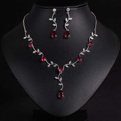 3pcs/Set Red/Pink/Multi-Color Options, Women's Jewelry, Women's Necklace, Women's Jewelry Accessories, Cubic Zirconia Inlaid, Leaf Shaped, Earrings, Necklace, Jewelry Set, Necklace Set, Women's Accessories, Accessories Set, Gift