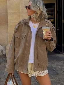 优雅女士麂皮夹克，长袖，翻领，带口袋，拉链，女士外套，时尚复古，高街品牌 - 卡其色 - 查看 3