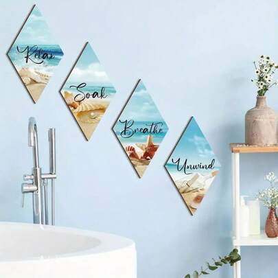 4pcs 2D Flat Diamond Wooden Wall Decor Set, Relaxing And Soak In Breathe Quotes, Blue Ocean And White Starfish Design, Beach Bathroom Decor, Laundry Room Decor, Outdoor Garden Party Accessories
