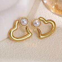 Pendientes de acero inoxidable de alta calidad, pendientes de flor de perla con lazo, no se destiñen, color dorado para mujeres