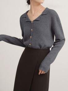 Alicedudu 女式简约法式领仿门襟套头衫，秋冬 - 灰色 - 查看 4