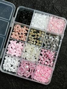 12-Compartment Box Mixed Resin Pearl Bow, Heart, Floral Decor Nail Art Accessories, Versatile & Cute Nail Supplies Nails Nail Charms Nail Gems - 彩色 - 查看 4