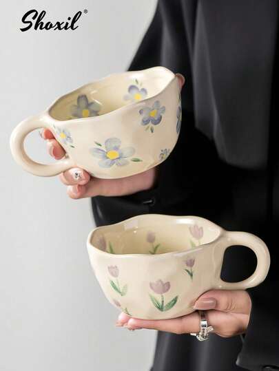 shoxil 1pc Ceramic Coffee Cup, Breakfast Mug, Coffee Mug With Flower Pattern, For Hotel Office Home