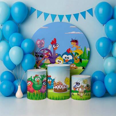 Kit Capa Painel de Festa Redondo e Trio Capas de Cilindros Tema Desenho Infantil Galinha