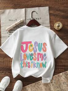 Tween Girls "Jesus Loves Me" Slogan Print Round Neck T-Shirt, Summer Top - White - View 3