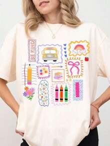 100% Cotton Teacher Shirt, Colorful Doodle Back To School Shirt, Preppy Coquette School T-Shirt, Girly Pink Bow Tee, Teacher Gifts.   For Women,Valentine Outfits For Women,Tops De Mujer, Vacation Outfits Women, Clothes Women,Vintage Summer Outfits For Women, Track Suit For Her. A Perfect Valentine's Day Gift For Your Loved One! - 白色 - 查看 11