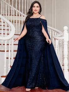 UNITHORSE Vestido formal de longitud hasta el piso con bordado de lentejuelas de corte aleatorio - Azul Marino - Ver 3