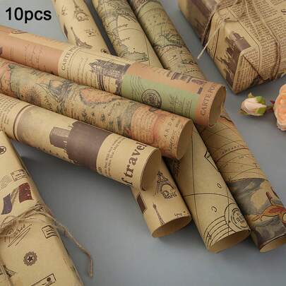 10 Stück, 74cm*52cm Geschenkpapier, Vintage Buch Stil Geschenkpapier, Blumenstrauß Geschenkpapier, Retro Englische Zeitung, Kraftpapier