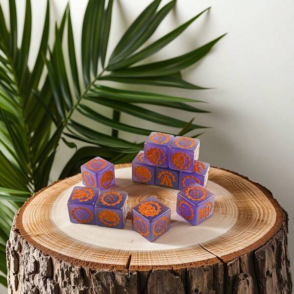 5 Stück lila Würfel mit orangefarbenen Mustern, exquisite Requisiten für Fantasy Brettspiele