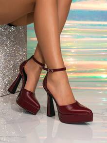1双优雅纯色PU皮革厚底尖头镂空高跟鞋，适合所有季节户外穿着，酒红色鞋跟 - 酒紅色 - 查看 3