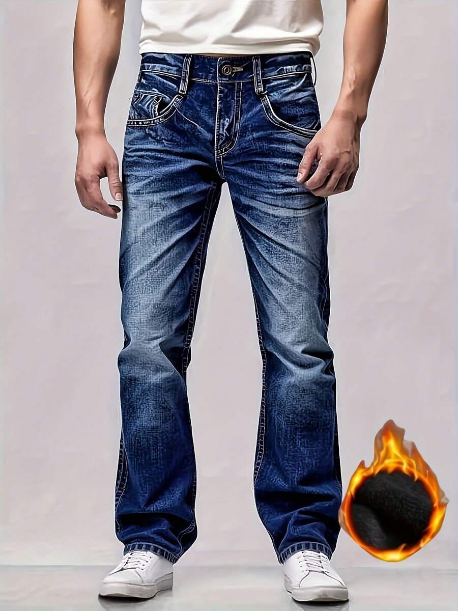 186 Winter-Spring Insulated Thick Men's Denim Pants, American Retro Washed Classic Blue, Featuring Worn-Out Cat Whisker Texture And Handcrafted Worn-Out Cat Fur Texture. Essential For Winter, Insulated And Comfortable Soft Thick Denim Pants, Men's Denim Pants, Elasticated Denim Pants. - 藍色 - 查看 1
