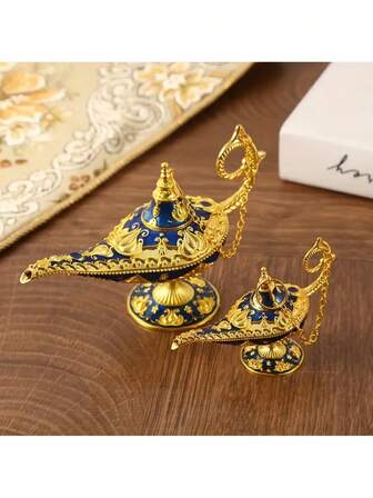Piece 's Magic Lamp Ornament - Luxury Tabletop Decor With Golden Floral Patterns In Navy Blue & Golden, Metal Home Decoration For Halloween, Christmas, Easter - No Electricity Needed, Elegant Palace Decor For Living Room, Bedroom, Dining Table - Ideal Gift For Fans & Middle Eastern Decor Lovers, Fantasyinspired Design, No Power Needed, Holiday Decorations, Detailed Craftsmanship, Holiday Shoppers