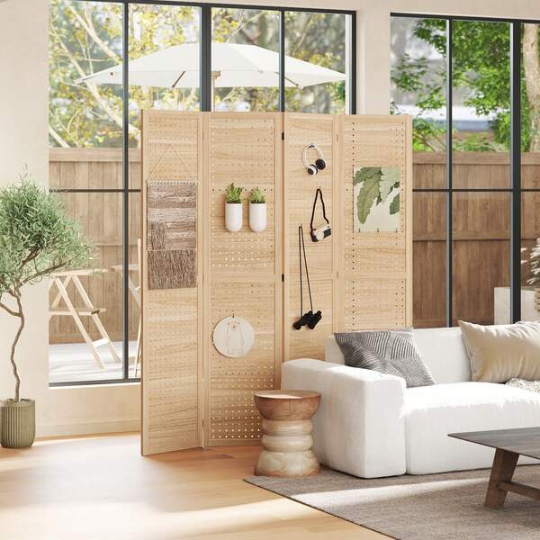 HOMCOM 5.6 Ft. Tall 4-Panel Room Divider, Pegboard Panel Freestanding Folding Privacy Screen Panels, Partition Wall Divider For Indoor Bedroom Office, Natural