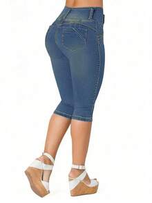 Jeans de talle medio con estiramiento, cierre de botones, lavado clásico, pantalones 7/8 de ajuste ceñido - Azul Marino - Ver 2