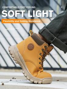 男女舒适工作鞋，防砸、防刺、耐磨，钢头设计，黑/黄配色，高帮抗压工作鞋，适用于建筑、园艺等行业，安全防护，男女通用。