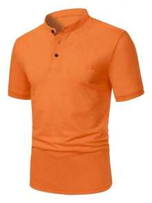 Homme Men's Short Sleeve Polo Shirt With Stand Collar, Color Block Graphic Button Down For Golf And Business Casual, For Husband - 橘色 - 查看 2