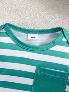 Bộ 3 món/Bộ đồ liền thân in họa tiết khủng long và sọc dễ thương cho bé trai, bộ đồ liền thân liền thân, phù hợp cho mọi mùa - Xanh và trắng - Xem 3