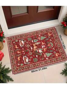 1 Pc Christmas Tree And Santa & Reindeer Beige Carpet, Non-Skid And Washable, Very Suitable For Living Room, Bedroom, Hallway, Indoor And Outdoor Use, Easy Home Christmas Decoration And Room Decoration