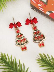 1 对圣诞红色蝴蝶结和圣诞树可爱女士耳环 - 耳環 - 查看 5