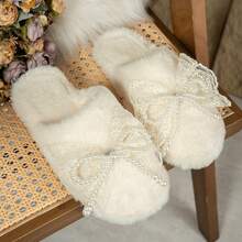 女式波西米亚风蕾丝拼布蝴蝶结轻质 EVA 家居拖鞋，秋冬款 - 米色 - 查看 9