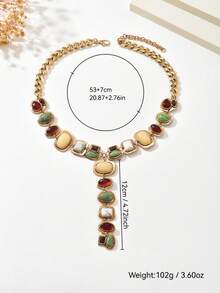 1 件复古夸张时尚仿宝石 Y 形流苏长项链，巴洛克奢华几何粗链项链吊坠，适合女性日常、派对和活动穿着 - 金色 - 查看 5