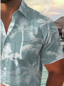 Mature Vacation Palm Tree Print Short Sleeve Casual Shirt D2623 - Blue - View 3