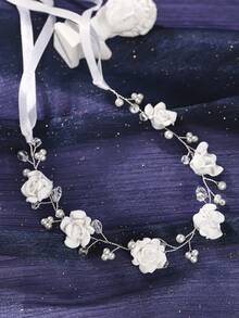 1pc Bridal Wedding Headpiece With Pearl Decor Flower Hairband Brides Stylish Hair Accessory For Wedding And Special Occasions - White - View 5