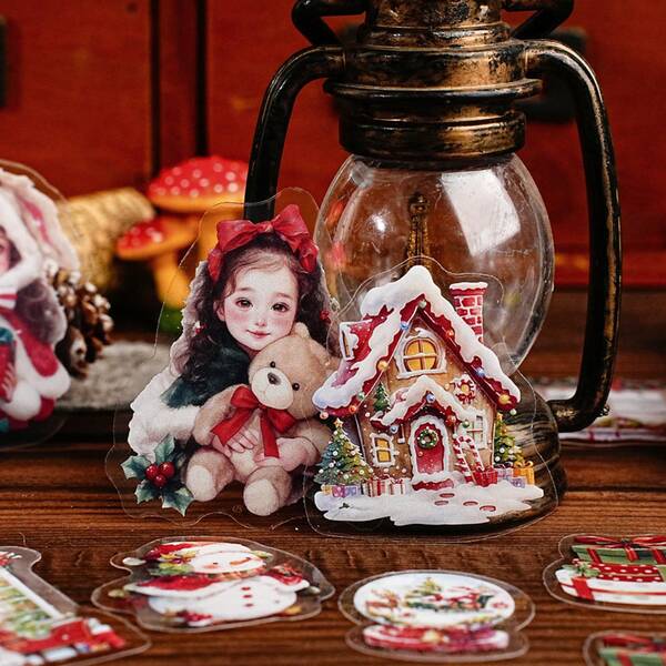 15 Stück rote Weihnachts-Themen Aufkleber, dekorative Aufkleber, hochwertige wasserfeste Vinyl Aufkleber für Scrapbooking, Tagebücher und Laptops - haltbar & dekorativ Sammelalbum Zubehör für Erwachsene Aufkleber Regal transparentes Aufkleber Buch Siegelbuch Aufkleber Buch