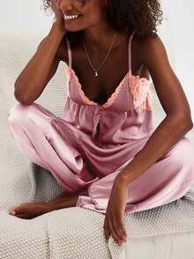 Women's Y2K Lace Patchwork Pajama Sets Spaghetti Strap Ruffled Babydoll Flowy Cami Tank Tops With Wide Leg Pants Summer Fall 2Pcs Soft Sleepwear Loungewear - Hồng - Xem 4