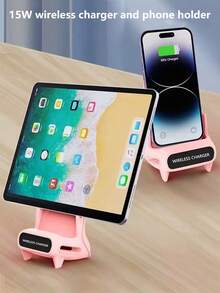 Bộ sạc không dây 15W sáng tạo mới, giá đỡ điện thoại/máy tính bảng đa chức năng kiêm loa không dây, phù hợp với điện thoại hỗ trợ sạc không dây QI, Android và các dòng máy 8/X/11/12/13/14/15/16/17. - Hồng - Xem 2