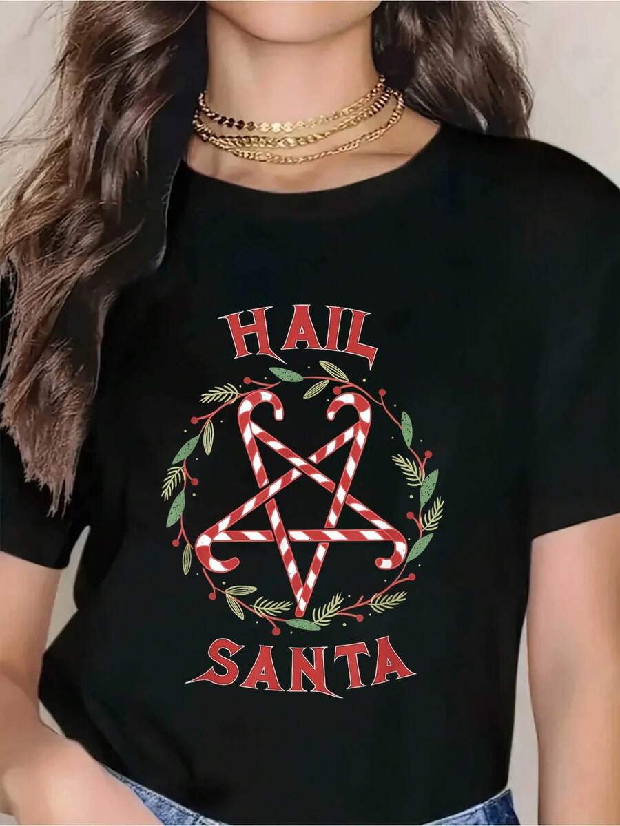 Hail Santa Christmas T-Shirt With Pentagram Candy Cane Design, Festive Holiday Top For Women, Xmas Sweater Style Graphic Tee, Gothic Christmas Apparel, Seasonal Party Outfit For Christmas Celebration - 黑色 - 查看 1