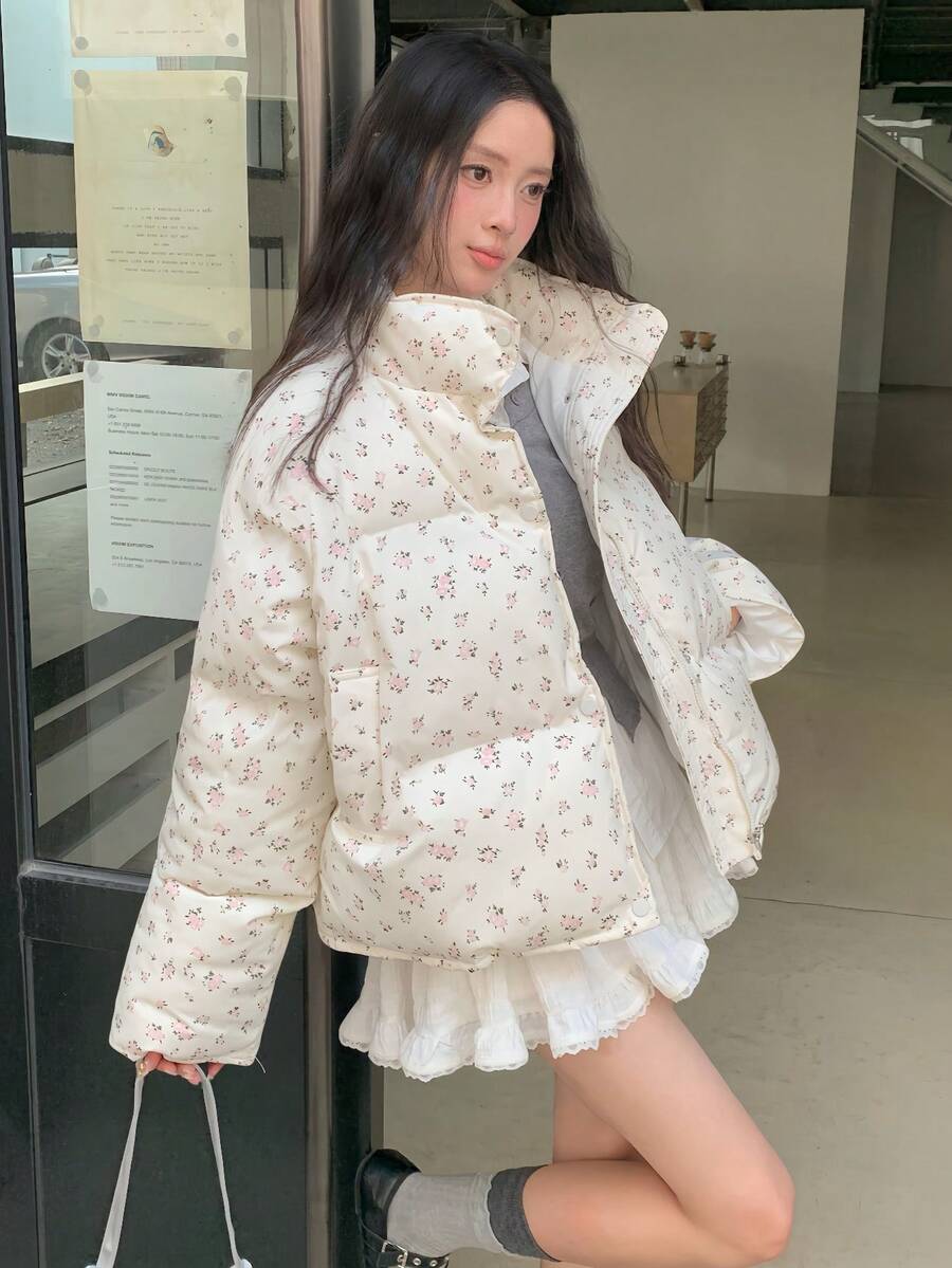 Winter Women Casual Loose Puffer Jacket Long Sleeve Floral Printed Stand Collar Short Pockets Padded Coat Korean Fashion Party Coats Christmas Outerwear Female Clothes Birthday Outfits