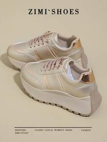 1 Pair Women's Round Toe Thick Sole Casual Sneakers, Gold/Silver Gump Style Lace-Up Outdoor Shoes, Suitable For Running, Hiking, All Seasons - Gold - View 14