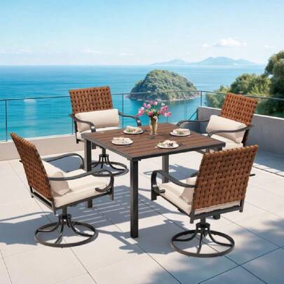 5-Piece Outdoor Dining Set, 4 Swivel Leather-Look Chairs With Lumbar Pillows & Square Dining Table With Umbrella Hole, Patio Furniture Set For Porch, Garden, Backyard, Poolside, Deck, Beige,23691795