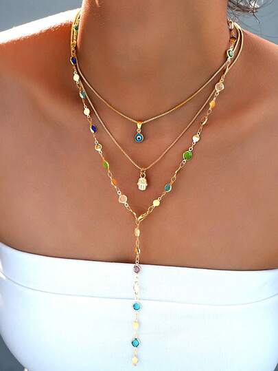 2/3pcs Vintage Style Necklace Set, Inlaid Colorful Faux Gem Y-Shaped Long Necklace, Devil's Eye Multi-Layer Necklace Set, Gold Color, Suitable For Women, Holiday, Date, Daily Wear, Great Gift For Halloween, Christmas