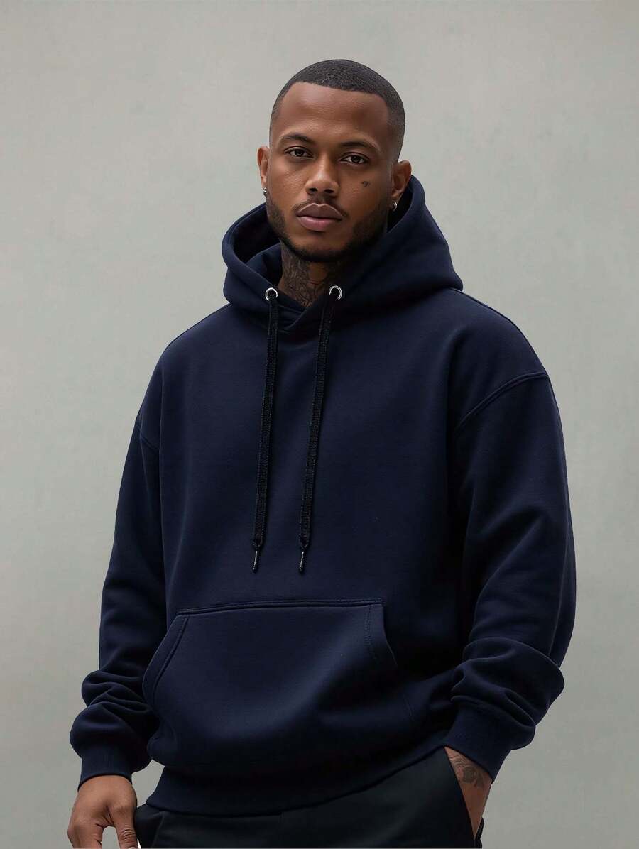 Men's And Women's Plain Kangaroo Sweatshirt Cold Weather Blouse Cotton Lined Warm Tracksuit Coat With Pocket And Hood New Release 3 Cables Winter Cold Season - 藏蓝色 - 查看 1