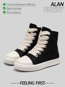 Alan Vincent [Delivery From Local Warehouse][Quick Arrival] Classic  Women's Boots New Style High-Top Black Boots Women Lace-Up Zip Flat Shoes - màu đen - Xem 1