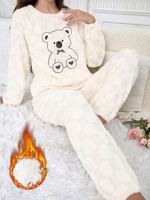 2件套女士珊瑚绒爱心熊蝴蝶结格子长袖长裤蓬松睡衣套装，保暖舒适冬季睡衣，理想礼物，秋冬服装 - 白色 - 查看 2