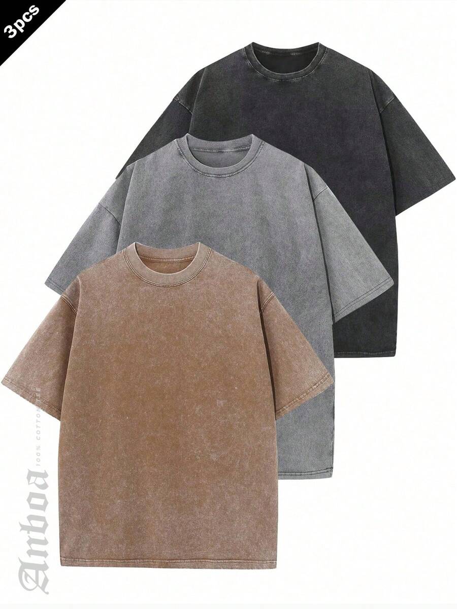 Anboa Men's 3-Pack Washed Oversized Tee Set, 230g Heavy Cotton Basic T-Shirts - Coffee BrownGreyBlack咖灰黑 - 查看 1